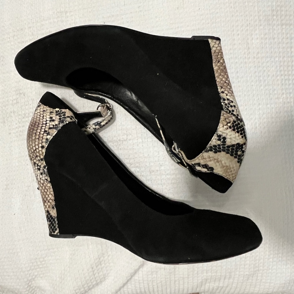 Black and snake suede wedge heels